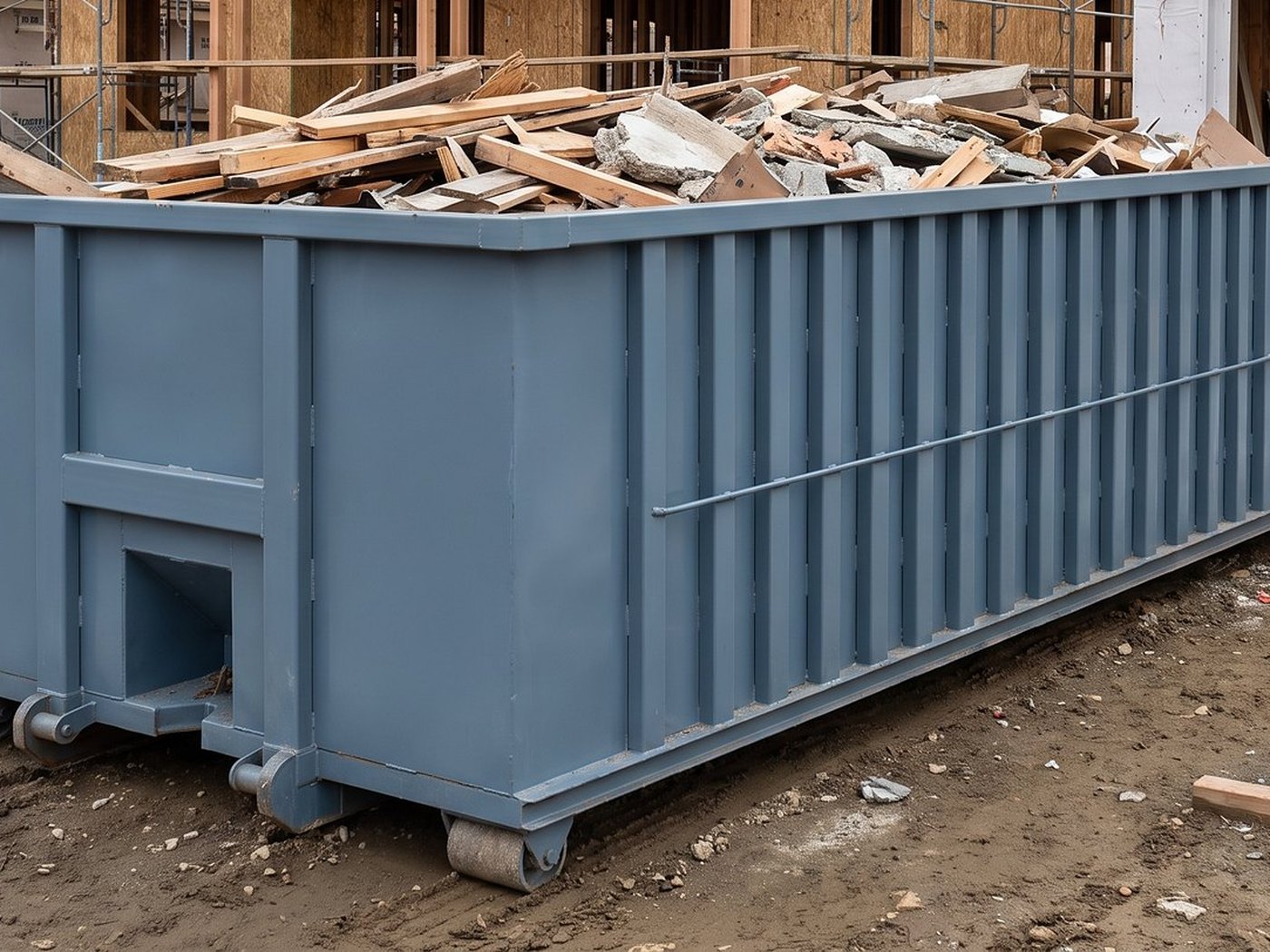 A roll-off bin on a job site, loaded level with scrap lumber and drywall
