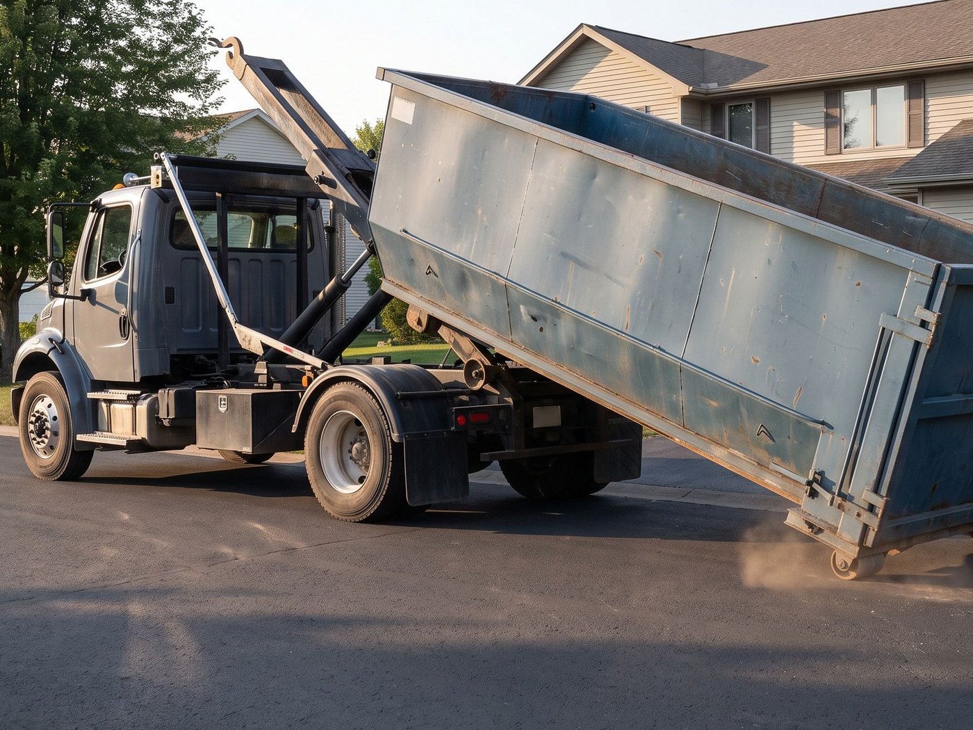 A roll-off truck setting a bare steel bin down on a residential street