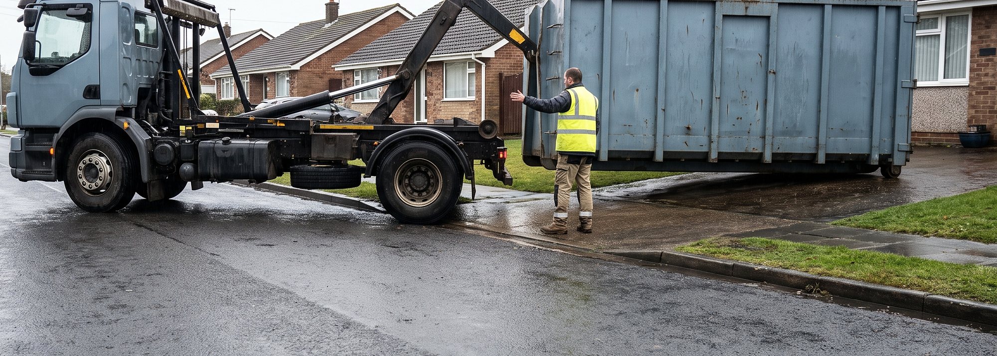 A worker in a hi-vis vest guiding a roll-off bin off the truck onto a driveway