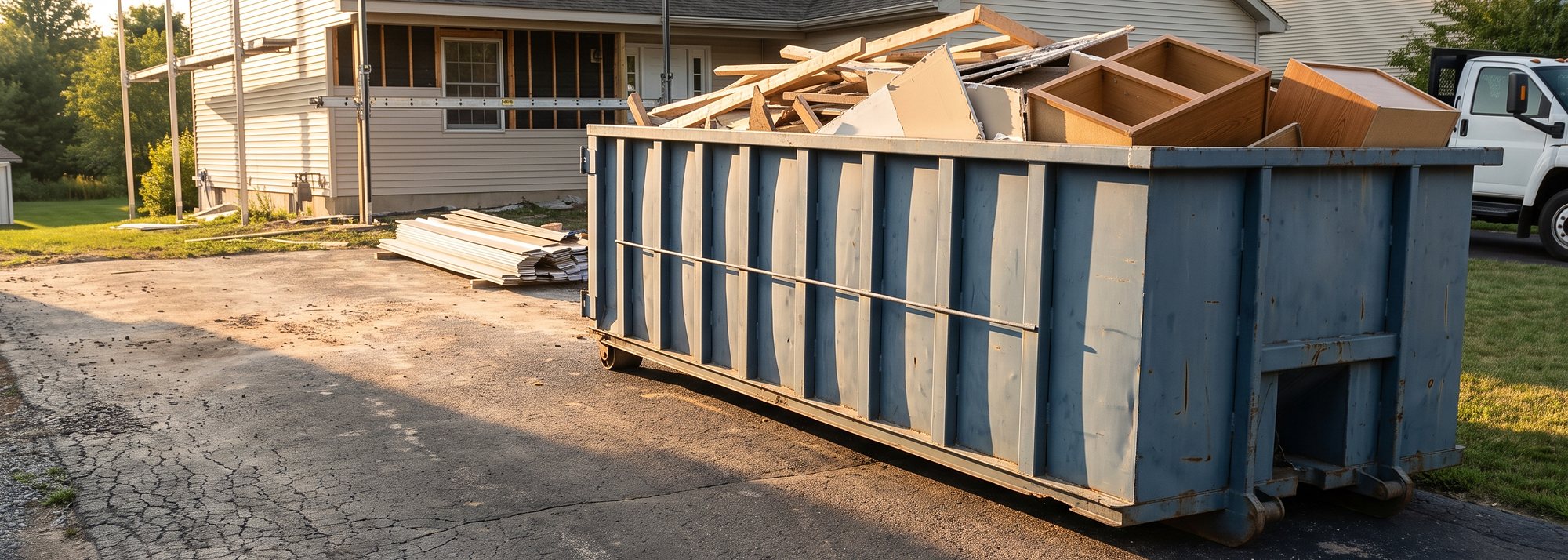 A roll-off bin on a driveway outside a house mid-renovation, loaded with cabinetry and lumber